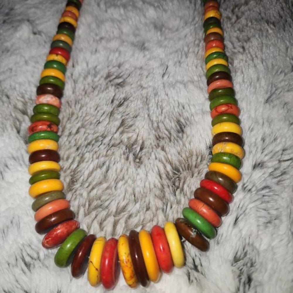 MULTI-COLOR TURQUOISE DISC BEADS IN EARTHTONES NECKLACE